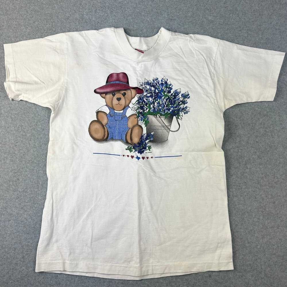 Vtg‎ Wings Sportswear Teddy Bear Bluebonnet Graphic T Shirt Women's Large Flaws